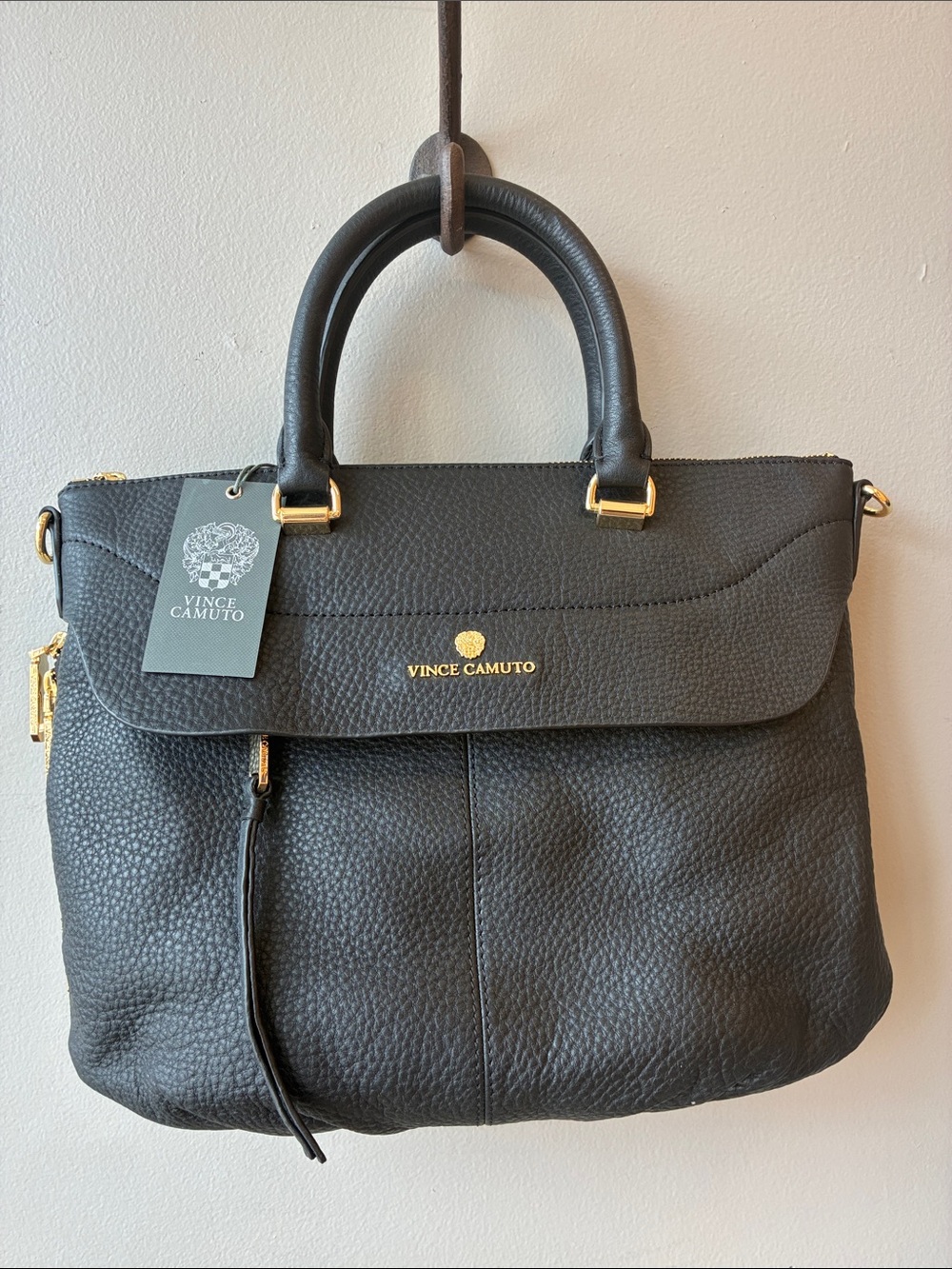 Vince Camuto Dean Black Pebbled Leather Satchel with Gold Hardware